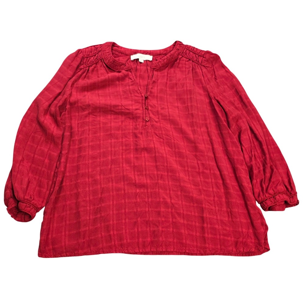 LOFT Grid Textured Split Neck Blouse Top Women's Size M Red Cotton 3/4 Sleeve